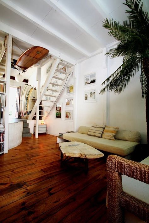 Surf House Interior Design, Surfer Apartment, Coastal Cowboy Home, Coastal Cowboy Decor, Surfer Cowboy, Skateboarding Art, Surf House Decor, Surf Room, Tropical Home Decor