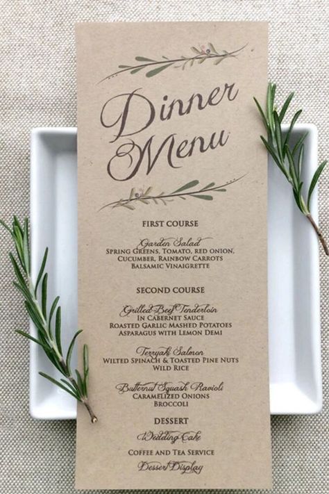 Wedding Menu Card, Wedding Reception Dinner Menu Ideas, Rustic Wedding Menu Cards. Simple Wedding Checklist, Winter Wedding Food, Rustic Wedding Menu, Wedding Menus Design, Wedding Table Menus, Wedding Bar Menu Sign, Rustic Table Setting, Wedding Reception Dinner, Menu Card Template