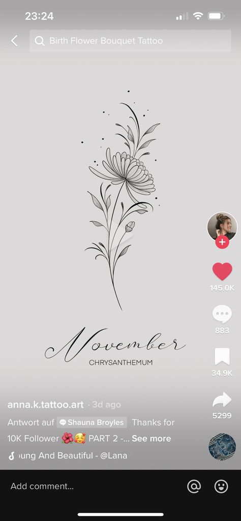 Crysanthemum Tattoo Delicate, Nov Birth Flower Tattoos, Tattoos For November Birth Month, Chrysanthemum Vine Tattoo, Birth Flower For November, November Flower Spine Tattoo, November Spine Tattoo, November Birth Month Tattoo, Narcissus And Chrysanthemum Tattoo