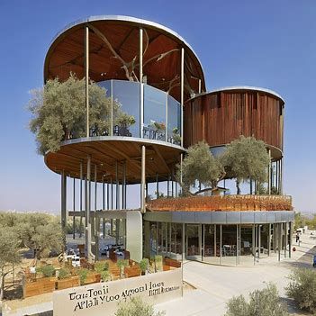 Two Storey Steel & Wooden Expo Pavilion with panoramic view restaurant 2nd floor: harmonious blend of modernity and natural aesthetics, to Fit within 900 sqm area; separate circular elevated walkway around the edge area, Integrate solar panels resembling olive trees separate to pavilion - Image Creator from Microsoft Bing Elevated Restaurant, Circular Restaurant, Steel Pavilion, Expo Pavilion, Elevated Walkway, Natural Aesthetics, Dubai Skyscraper, Graduation Project, Olive Trees