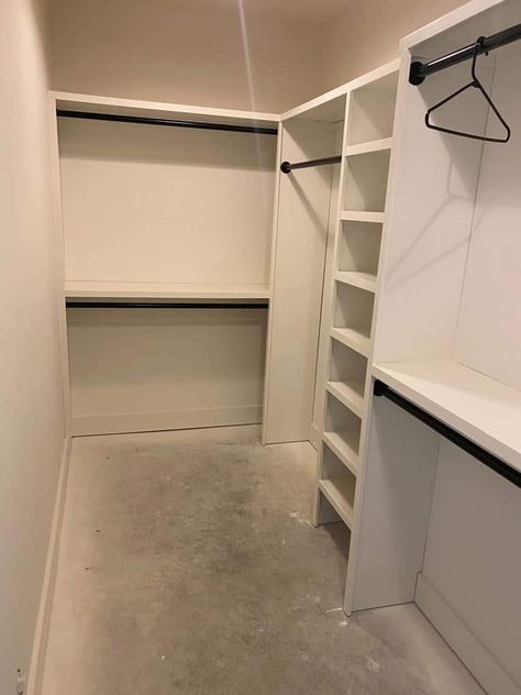 Closet Height Measurements, Diy Attic Closet, Narrow Long Closet Ideas, Small Walkin Closet Ideas Layout Storage, Small Walk In Closet With Window, L Shape Closet Design, L Shape Closet Ideas Walk In, Small Walk In Robe, Walk In Closet Renovation