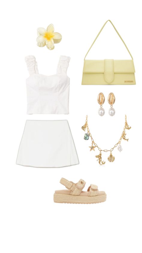 Summer outfit idea. Cute. Aesthetic. Summer 2024. White top. White mini skirt. Hair claw.  Flower. Baby yellow purse. Gold earrings. Gold necklace. Sandals. Raffia. Prada. Summer beach outfit idea. Pearls. Charms. Prada Summer, Yellow Purse, Yellow Purses, White Mini Skirt, Summer Beach Outfit, Baby Yellow, Cute Aesthetic, Aesthetic Summer, Outfit Idea