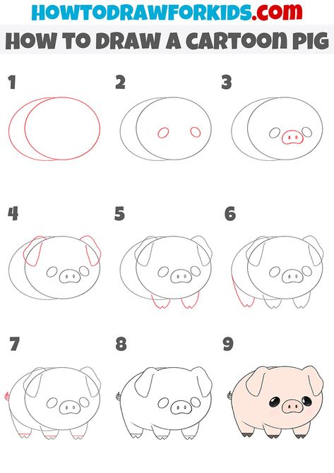 Step By Step Farm Animal Drawing, Draw A Pig Step By Step, Pig Sketch Easy, Step By Step Kawaii Drawing, Cute Pig Drawing Easy, Pig Drawing Step By Step, Cute Pigs Drawing, How To Draw A Frog Step By Step, Flying Pig Drawing