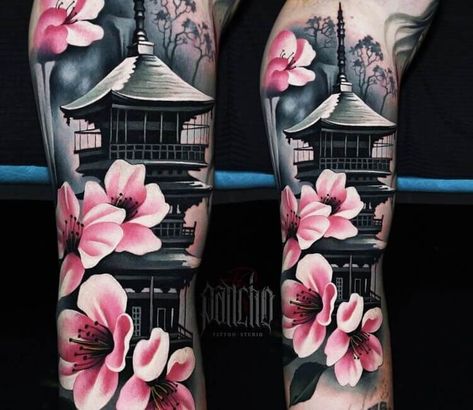 Tattoo photo - Pagoda tattoo by A.d. Pancho Japanese Pagoda Tattoo, Pagoda Tattoo, Japanese Temple Tattoo, Tato Irezumi, Tatuajes Irezumi, Tato Geisha, Japanese Leg Tattoo, Geisha Tattoo Design, Tato Paha