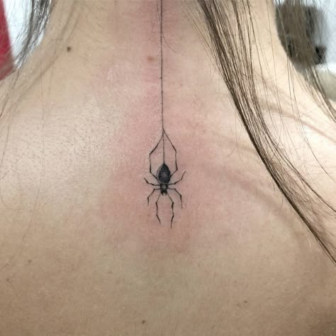 Spider Tattoo Hanging From Web, Basic Spider Tattoo, Spider And Fly Tattoo, Spider Tattoo Linework, Spider Dangling From Web Tattoo, Dangling Spider Tattoo, Spider Hanging Tattoo, Sternum Spider Tattoo, Matching Spider Tattoos