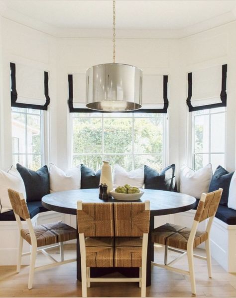 Bay Window Kitchen Table, Dinning Nook, Bay Window Seating Kitchen, Bay Window Dining, Kitchen Nook Table, Seating In Kitchen, Kitchen Bay Window, Large Round Dining Table, Banquette Seating In Kitchen