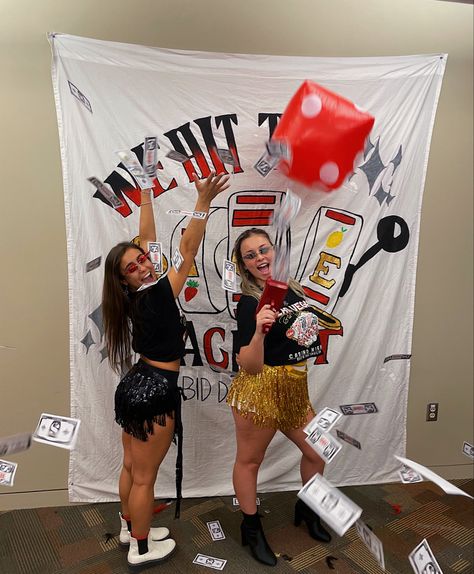 Sorority Casino Night, Dphie Bid Day, Vegas Sorority Theme, Casino Bid Day, Vegas Bid Day, Vegas Attire, Sorority Themes, Recruitment Themes, Spring Recruitment