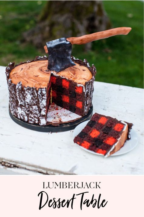 How to Make a Lumberjack Cake | The outside of this cake is made of chocolate ganache. The ax and top of cake are fondant.  The inside? My favorite part: buffalo plaid! Click through to see. || JennyCookies.com #buffaloplaid #cakedecorating #funcakes #caketutorial Cake Decorating Simple, Plaid Cake, Lumberjack Cake, Jenny Cookies, Lumberjack Birthday, Lumberjack Party, Wood Cake, Mini Pies, Cake Tutorial