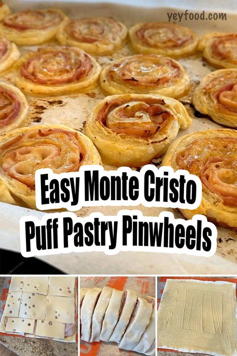 Easy Monte Cristo Puff Pastry Pinwheels - yeyfood.com Monte Crustose Pinwheels, Monty Cristo Pin Wheels, Monte Crispy Pinwheels, Monte Cristo Pinwheels Party Appetizers, Monte Cristina Pinwheels With Puff Pastry, Monte Cristo Sandwich Puff Pastry, Pastry Puff Dinner Recipes, Monte Christopher Pinwheels, Holiday Ham Monte Cristo Skewers