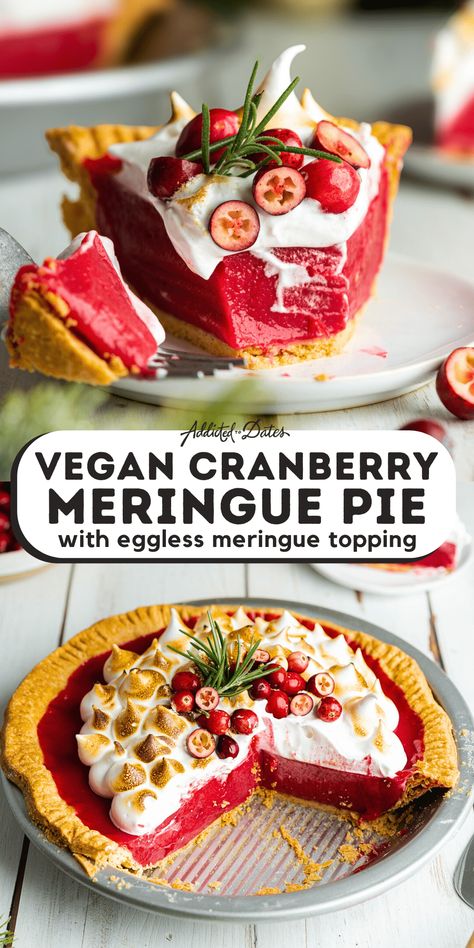 Vegan Cranberry Meringue Pie - Addicted to Dates Gluten Free And Lactose Free Desserts, Vegan Cranberry Recipes, Budget Vegetarian Meals, Vegan Meringue Recipe, Cranberry Meringue, Cranberry Meringue Pie, Wfpbno Recipes, Lactose Free Desserts, Cranberry Curd