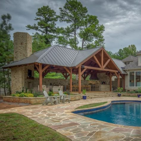 Pool House Pavilion Ideas, Pavilion Off Back Of House, Pool Pavillion Backyard, Pool House Exterior Ideas, Lake House Patio Ideas Outdoor Spaces, Pool Pavilion Ideas Outdoor Living, Pavilion Design Backyard, Patio Pavilion Ideas, Attached Pool House