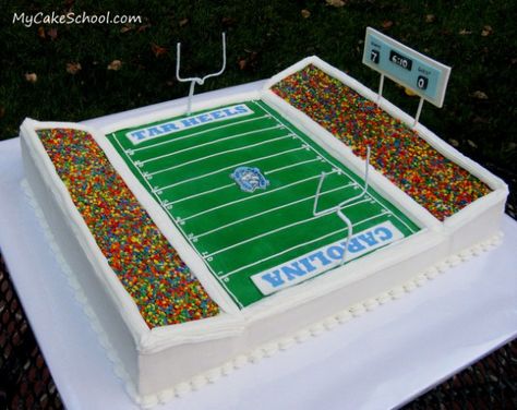 How to Make a Football Stadium Cake- My Cake School | My Cake School Football Stadium Cake, Football Field Cake, Stadium Cake, Superbowl Cake, Soccer Ball Cake, Sports Themed Cakes, Football Birthday Cake, School Cake, Sport Cakes