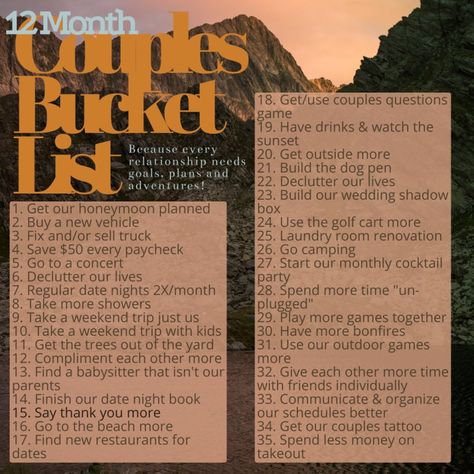 couples bucket list, 12 month bucket list for couples, goal and idea planning for couples, couples activities Bucket List Couples, Year Bucket List, Couples Bucket List, Question Games For Couples, Goals Planning, Couple Activities, Dog Pen, Honeymoon Planning, Couple Questions