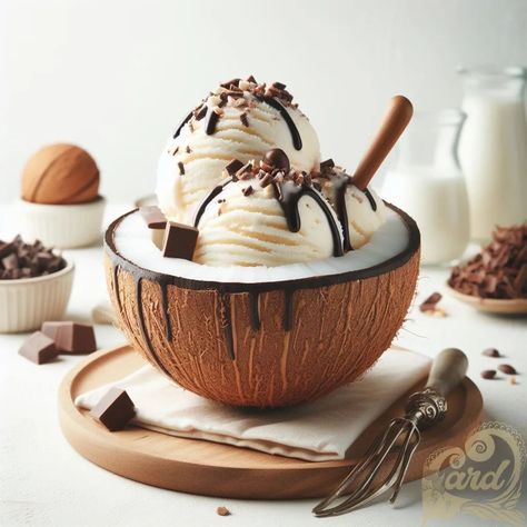 Coconut Desserts, Coconut Ice, Coconut Ice Cream, Ice Cream Bowl, Iced Drinks, Chocolate Coconut, Cafe Design, Aesthetic Food, Devon