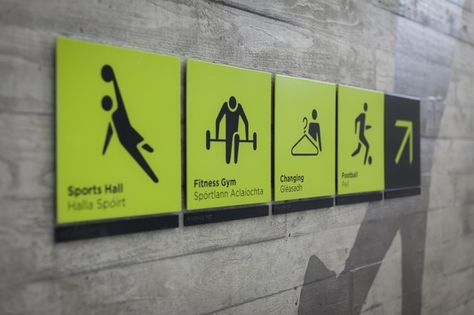 DCC Leisure Centre Signage  detail design Gym Design Interior, Wayfinding Signage Design, Wayfinding Signs, Sign System, Wayfinding Design, Wayfinding System, Gym Interior, Interior Signs, Signage System