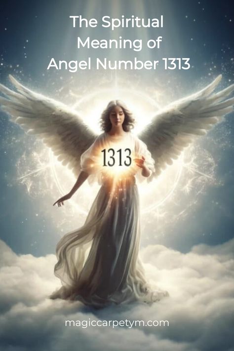 Illustration of an angel with outstretched wings and glowing number 1313, symbolizing spiritual significance; set against a celestial backdrop. 1313 Meaning, 1313 Angel Number, Angel Spirit, Message Of Encouragement, Angel Number Meanings, Embracing Change, Number Meanings, Personal Relationship, Spiritual Meaning