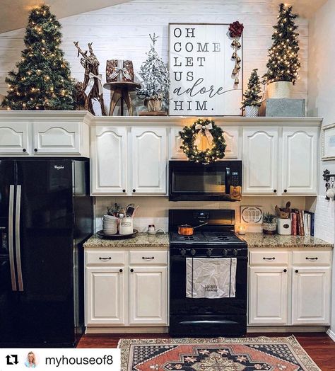 Christmas Trees Above Kitchen Cabinets, Xmas Kitchen Cabinet Decor Ideas, How To Decorate Above Kitchen Cabinets With Vaulted Ceilings, Top Of Cabinet Decor Kitchen Christmas, Christmas Decor On Top Of Cabinets Kitchen, Top Of Cabinets Christmas Decorations, Top Of Kitchen Cabinet Christmas Decor, Top Of Kitchen Cabinet Decor Farmhouse, Christmas Decor On Top Of Cabinets