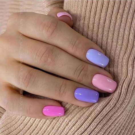 Bright Trendy Nails, Lavender And Pink Nails, Pink And Lavender Nails, Cute Lavender Nails, Purple Pink Nails, Pink Gel Nails Designs, Multicolored Nails, Nails Art Designs, Pink Gel Nails