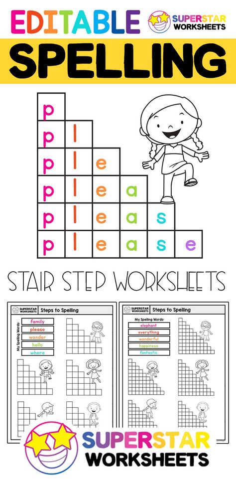 Free Editable spelling worksheets. Free spelling worksheet printables!  These universal spelling worksheets work with any word list!  Our stair step activity sheets are editable, allowing you to type in your own word list for students to practice. Spelling Ideas For 3rd Grade, Phonics And Spelling Activities, Fun Spelling Practice, Spelling Study Ideas, Spelling Words Practice Sheets, Practicing Spelling Words Fun, Best Way To Practice Spelling Words, Spelling Practice Worksheets 2nd Grade, Spelling Test Practice Ideas