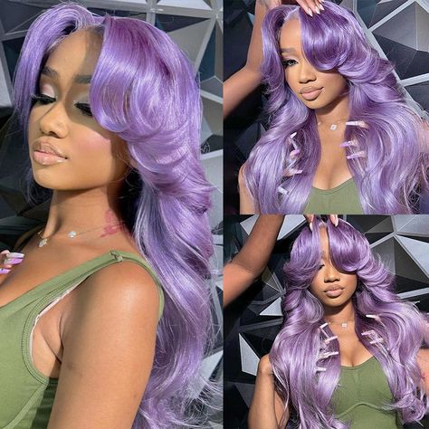 Collage featuring Ishow light purple lavender body wave human hair wig on a model and a mannequin, showcasing the wig's body wave texture, natural hairline, and 13x4 lace front with middle part. Birthday Wigs, Color Wigs For Black Women, Light Purple Wig, Lavender Wig, Purple Texture, 13x4 Lace Front Wig, Frontal Wig Hairstyles, Wave Texture, Wig Ideas