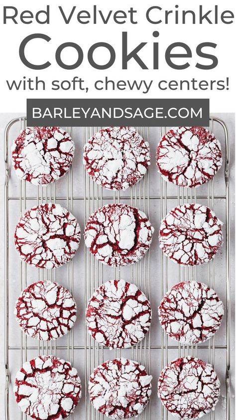 Christmas Crinkle Cookies, Red Velvet Crinkles, Red Velvet Cookie Recipe, Red Velvet Crinkle Cookies, Red Velvet Flavor, Red Desserts, Brown Butter Cookies, Crinkle Cookies Recipe, Cookies From Scratch