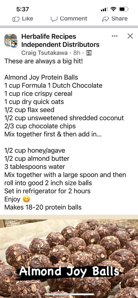 Herbalife Snack Ideas Recipes, Herbalife Protein Balls Recipes, Rice Crispy Cereal, Herbalife Protein, Protein Balls Recipes, Herbalife Shake, Herbalife Recipes, Almond Joy, Protein Ball