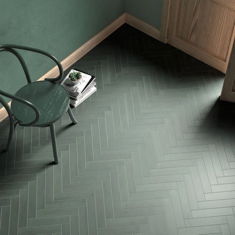 Cloakroom Floor Tiles, Green Tile Floor, Dark Green Tile, Porcelain Superstore, Small Downstairs Toilet, Art Deco Homes, Herringbone Tile Floors, Green Tile Bathroom, Brick Bonds