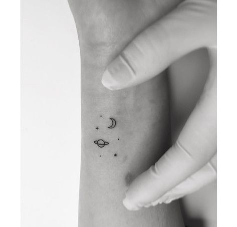 Moon And Saturn, Simple Line Tattoo, Saturn Tattoo, Tiny Tattoos For Women, Tiny Wrist Tattoos, Bestie Tattoo, Taylor Swift Tattoo, Scorpio Tattoo, Simple Tattoo Designs