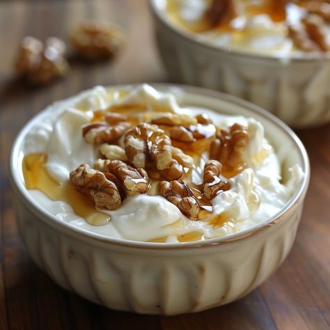 🍯 Greek Yogurt with Honey and Walnuts: Simple, healthy, utterly delicious! #HealthyDelight Greek Yogurt with Honey and Walnuts Ingredients: Greek yogurt (2 cups) Honey (3 tbsp) Walnuts, chopped (1/2 cup) Instructions: Spoon yogurt into bowls. Drizzle with honey. Top with chopped walnuts. 🍽️🌰 Indulge in the creamy texture of Greek Yogurt with the sweet touch of honey and crunchy walnuts. Perfect for a light snack or breakfast! #GreekYogurtGoodness Greek Yogurt With Honey, Greek Yogurt And Honey, Yogurt With Honey, Greek Dinner, Frozen Greek Yogurt, Yogurt Honey, Impressive Dinner, Greek Dinners, Honey Yogurt