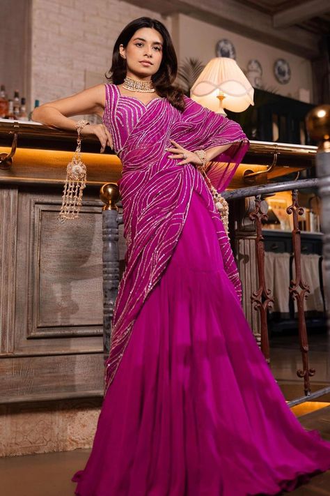 Buy Purple Blouse Tussar Embroidery Ellora Pre-draped Organza Lehenga Saree With For Women by Charu and Vasundhara Online at Aza Fashions. Contemporary Lehenga, Saree Couture, January Dress, Latest Fashion Blouse Designs, Lehenga Sarees, Indian Bridal Couture, Designer Anarkali Dresses, Simple Saree Designs, Organza Lehenga