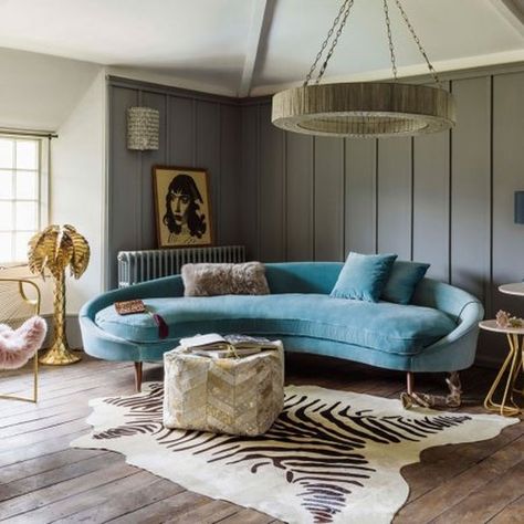 Retro room with turqouse velvet rounded sofa and zebra rug Latest Sofa Designs, Curved Furniture, Retro Room, Round Sofa, Furniture Trends, Curved Sofa, Sofa Living, Best Sofa, A Living Room