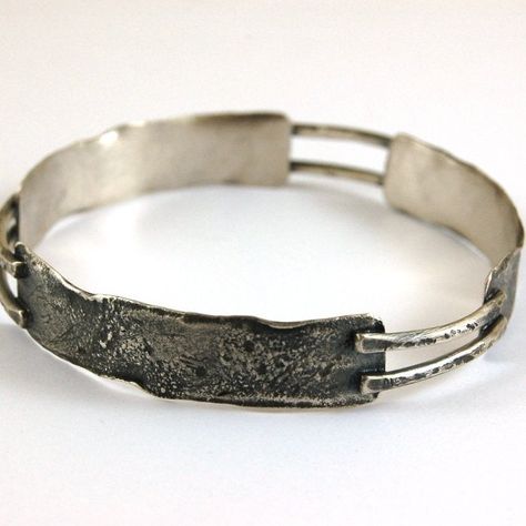 "Silver bangle bracelet. Dimensions: -width max. 1.2 cm, 0.47\" -diameter 6.5 cm, 2.56\" (fits wrist 16 - 17 cm, 6.3 - 6.7\")" Oxidized Silver Bracelet, Jewelry Making Classes, Silver Link Bracelet, Modern Bracelets, Silver Bangle Bracelet, Sterling Silver Bangle Bracelets, Jewelry Bracelets Silver, Handmade Wire Jewelry, Silver Jewelry Handmade