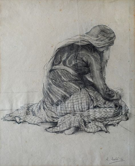 Symeon Sabbides - (Greek , 1859 - 1927)  Kneeling woman study - charcoal and pencil on paper Girl Kneel Down Drawing, Kneeling Pose Reference Back View, Drawing Reference Kneeling, Kneeling In Dress, Kneeling Back View, Person Kneeling Drawing Reference, Kneeling Pose Reference Side View, Person Kneeling Drawing, Woman Kneeling Pose Reference