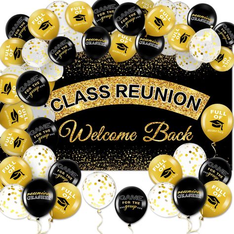 PRICES MAY VARY. Banner and Latex Balloons: you will receive 21 pieces of class reunion themed party supplies, which comprise 1 piece of class reunion banner and 20 latex balloons with 1 roll of ribbon, ideal party items for classmate gathering Ingenious Designs: our reunion decorations are printed with the words [Class Reunion Welcome Back] as a metaphor for a happy class reunion; 4 Matching latex balloons are printed with the words[full of memories] and so on, warmhearted and ingenious Notable Class Reunion Table Decorations, Reunion Table Decorations, Background For School, Reunion Photography, 50th Class Reunion, School Reunion Decorations, 50th Class Reunion Ideas, Class Reunion Invitations, Halloween Birthday Party Decorations