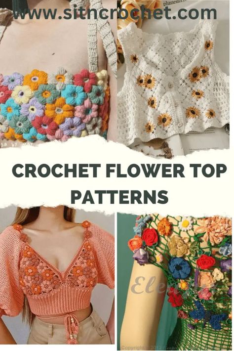 Crochet Flower Top Pattern Crochet Flower Shirt Pattern, Crochet Flower Top Pattern Free, Flower Crochet Top Pattern, Crochet Flower Top Pattern, Crochet Summer Tops Free Patterns For Women, Top Patterns For Women, Flower Top Crochet, Free Crochet Top Patterns, Flower Crochet Top