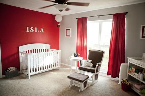 Red and grey nursery for our daughter Red Nursery Girl, Gray Red Bedroom, Red Nursery Boy, Red Kids Rooms, Blue Nursery Girl, Grey Boys Rooms, Red Nursery, Grey Nursery Boy, Baby Boy Nursery Colors