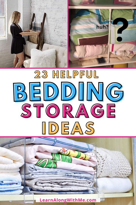 Finding the space for bed sheets and organizing them can be tricky, but these ideas will help.  It's a collection of bed sheet storage ideas that includes ways to storage blankets, comforters, duvets and pillow cases too. There are ways to store bedding in your closet, under the bed, and even on the wall.  The blanket ladder looks neat if you have the room for it, and like the aesthetic.  Check it out. Will one of these sheet storage options work for you? Store Blankets In Closet, Space Under Bed Ideas, Organizing Blankets And Comforters, How To Organize Bedding In Closet, Ways To Store Bedding, Bedroom Sheet Storage, Organize Blankets In Closet, Storing Comforters Storage Ideas Closet, Organizing Comforters In Closet