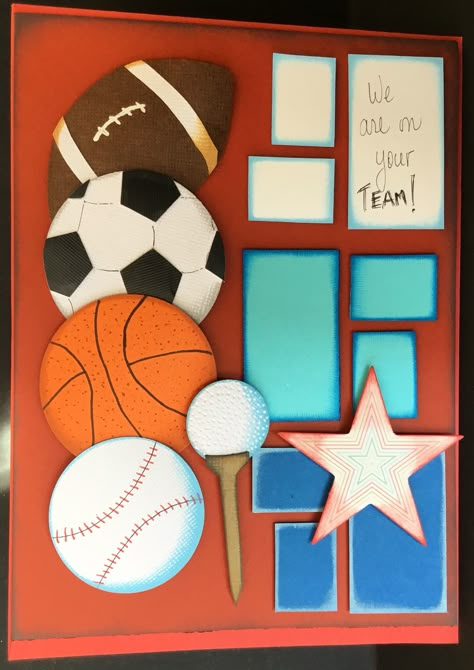 Birthday card for boy/man sports lover, with foot ball, soccer ball, baseball, basket ball and golf ball Sports Day Card Ideas, Box Cards Ideas, Sports Day Banner, Folder Decorado, Sports Day Decoration, Men Birthday Cards, Teachers Day Card, Preschool Classroom Decor, Birthday Card Drawing