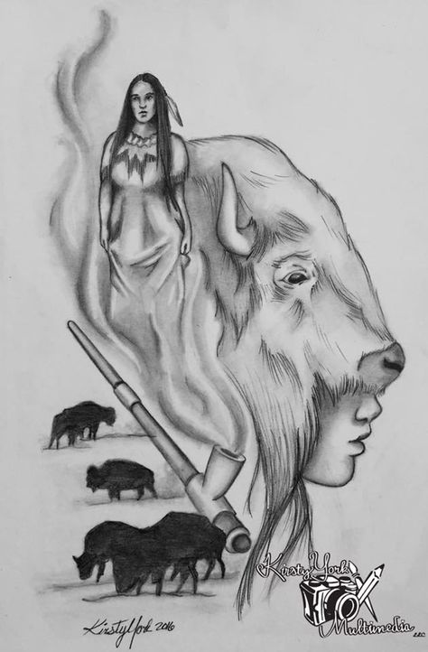 Buffalo Tattoos Women, Native Woman Drawing, White Buffalo Tattoo, Buffalo Tattoo Feminine, Buffalo Drawing, White Buffalo Woman, White Buffalo Calf Woman, Native Drawings, Native American Art Projects