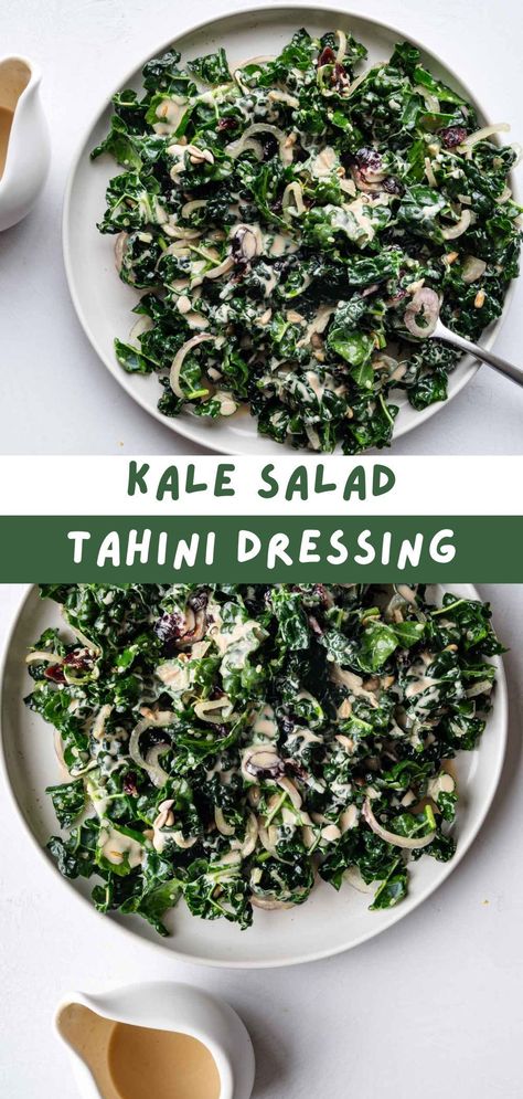 Best-tasting Kale Salad with Tahini Dressing that's packed with nutrients! This is my go-to salad to boost my iron and antioxidants. Plus, it's a quick and easy way to get your daily greens. Meal prep-friendly for lunch on the go. Tahini Kale Salad, Salad With Tahini Dressing, Daily Greens, Lunch On The Go, Healthy Plant Based Recipes, Vegan Salad Recipes, Iron Rich Foods, Tahini Dressing, Vegan Salad