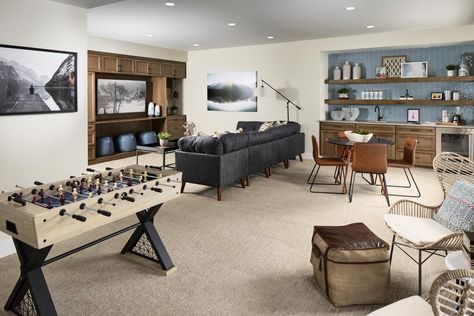 29 Amazing Spaces for Watching a Big Game | Build Beautiful Open Shelf Bar, Shelf Bar, Basement Living Rooms, Toll Brothers, Basement Makeover, Outdoor Living Rooms, Basement Bedrooms, Flex Room, Amazing Spaces