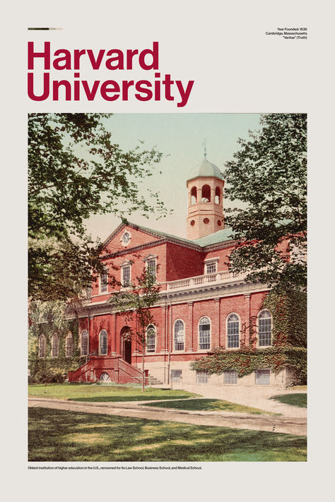 Enhance your home or office with this elegant minimalist poster featuring Harvard University. This artwork showcases a vintage illustration of one of Harvard's iconic buildings, accompanied by essential details such as the founding year, location, and the university's motto. #harvard #university #poster #vintage #wallart #college #decor #minimalist #historic Harvard Poster Aesthetic, Harvard University Poster, University Poster Design Ideas, Harvard Poster, Harvard University Dorm, Harvard Wallpaper, Vintage College Aesthetic, Harvard University Aesthetic, University Poster Design