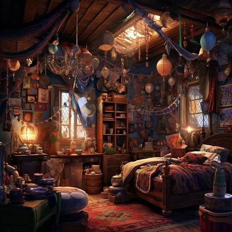 Bedroom Decor Gothic, Cool Attic Bedrooms, Howls Moving Castle Interior Design, Dark Maxamilist Bedroom, Howls Moving Castle Interior, Mystical House Decor, Whisimgoth Home, Whimsigoth Aesthetic Room, Crow Core Aesthetic Bedroom