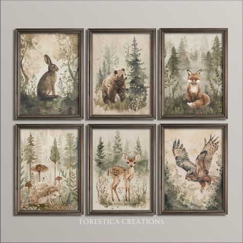 DIGITAL DOWNLOAD - Discover the enchanting charm of the forest with this woodland animals nursery set. These six prints, evoking a tranquil sage green woodland ambiance, feature rustic farmhouse art with a touch of cottagecore aesthetics. From the whimsy of a mushroom-decorated forest floor to the serene watercolor drawing of forest animals, each print is a masterpiece that adds a natural touch to your baby room wall art. Ideal for a forest nursery print collection, this nature wall art encapsul Pine Nursery Furniture, Green Woodsy Nursery, Woodlawn Nursery, Woodland Animal Decor, Sage Green And Terracotta Nursery, Forest Woodland Nursery, Vintage Nature Nursery, Enchanted Woodland Nursery, Nursery Inspo Boy