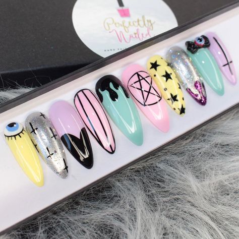 Our Pastel Goth nails have been so popular recently! We love doing these kind of designs! Find these nails by tapping the picture! 💕 Have a… Goth Pastel Nails, Pastel Goth Nails Short, Pastel Goth Nails Creepy Cute, Goth Nail Salon, Goth Easter Nails, Spoopy Nails, Pastel Goth Nails, Pastel Things, Nails Kawaii