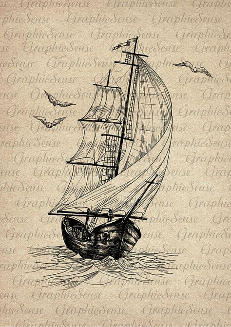 Old Sailing Ship and Seagulls  Printable Graphics by GraphicSense Ship Sketch Tattoo, Steamboat Tattoo, Pirate Boat Drawing, Old Boat Drawing, Vintage Pirate Ship Illustration, Boat Tattoo, Boat Drawing, Old Sailing Ships, Maritime Art