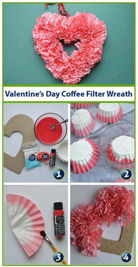 Valentines Coffee Filter Crafts, Coffee Filter Hearts Craft, Heart Coffee Filter Craft, Coffee Filter Valentine Craft, Coffee Filter Wreath Diy, Coffee Filter Hearts, Valentine Diy Crafts, Diy Valentines Wreath, February Wreath