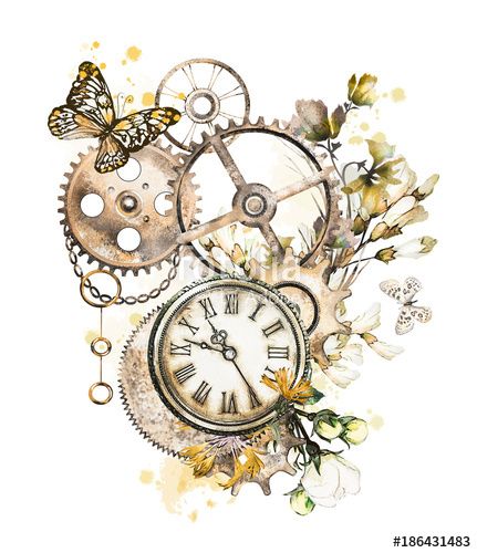 gears and flowers watercolor Steampunk Kunst, Vintage Saat, Rose Clock, Vintage Style Tattoos, Illustration Rose, Steampunk Tattoo, Clock Tattoo Design, Old Clock, Vintage Clipart