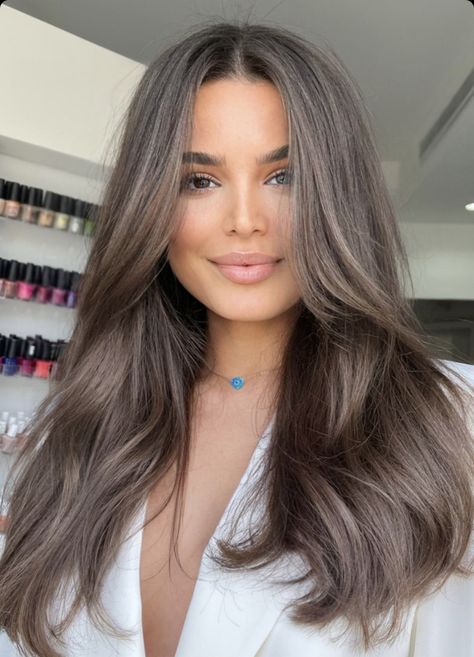 Hair Color Latina Skin, Hair Lengths For Thick Hair, Cool Hair Tones Brunettes, Balayage Before And After Brunettes, Soft Summer Brunette Hair, Ashy Gray Brown Hair, Level 7 Ash Brown, Hair Color Ideas Blue Eyes, Light Frosted Brown Hair