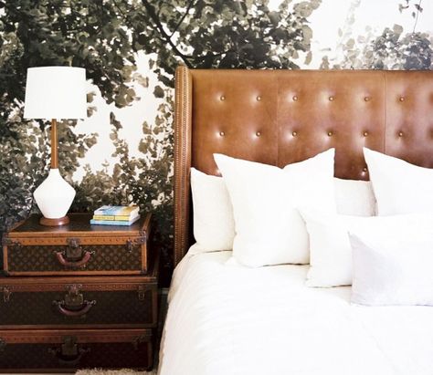 The Best Calming Bedroom Color Schemes//leather bed, mural wallpaper Stacked Suitcases, Bedroom Zen, Calming Bedroom Colors, Nightstand Styling, Headboard Bedroom, Masculine Bedroom, Calming Bedroom, Leather Headboard, With Wallpaper